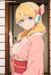 1girls ai_generated alia big_breasts blonde_hair blue_eyes breasts_out breasts_out_of_clothes kemono long_hair mega_man mega_man_x reploid reploiddreams robot_girl smile