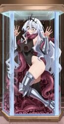 against_glass against_wall ai_generated armor corset crown female groping nephis_(shadow_slave) only_female plushyplant shadow_slave silver_eyes silver_hair smile sole_female startled surprised tentacle tentacle_in_mouth translucent white_shirt