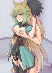 1boy absurdres animal_ears atalanta_(fate) bar_censor black_gloves black_hair black_skirt black_thighhighs blonde_hair blush braid breasts cat_ears cat_tail censored clothed_female_nude_male commentary_request dress elfenlied22 erection fate/apocrypha fate/grand_order fate_(series) female frottage fujimaru_ritsuka_(male) glansjob gloves grabbing_another's_breast grabbing_from_behind gradient_hair green_dress green_eyes green_hair grinding groping half_up_braid heart heart-shaped_pupils highres layered_skirt long_hair medium_breasts multicolored_hair nipple_stimulation nipple_tweak nipples nude penis puffy_short_sleeves puffy_sleeves short_hair short_sleeves skirt straight sweat symbol-shaped_pupils tail thigh_sex thighhighs thighs