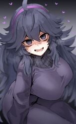 1girls bags_under_eyes big_breasts black_hair black_sweater breasts dress gradient_background hairband heart hex_maniac horn/wood huge_breasts nervous_smile pokemon purple_dress purple_eyes purple_hairband ribbed_sweater ringed_eyes shaded_face simple_background smile solo sweatdrop sweater taut_clothes taut_dress