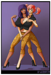 2girls access accessworld blue_eyes breasts conjoined green_eyes high_heels holding_hands infiniteapple infinitepineapple interracial interracial_yuri multi_arm multi_head multi_leg multi_limb multiple_girls necklace pants pink_hair purple_hair shirt side_ponytail smile tagme tanned