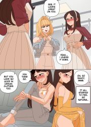 2girls bare_shoulders blonde_female blonde_hair cleavage_cutout cleavage_dress cleavage_window comic disguise ellie_(impunderneath) ellie_skinsuit ellie_skinsuit_seven english_text female impersonation imposter impunderneath long_hair original original_character page_39 possessed possession story