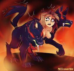 2023 2_penises black_body black_fur breasts brown_hair canid canine claws digital_media_(artwork) erection fire fur genitals glowing glowing_eyes gynomorph hair hi_res human intersex looking_at_viewer mammal merging mkiiiconvertible multi_body multi_genitalia multi_penis nipples penis quadruped red_eyes simple_background solo surprised tail transformation