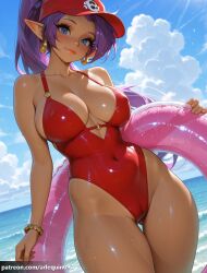 ai_generated arlequin097 shantae shantae_(character) 1girl solo long_hair breasts looking_at_viewer blush smile blue_eyes large_breasts hat holding closed_mouth cleavage jewelry bare_shoulders standing collarbone swimsuit purple_hair ponytail thighs outdoors cowboy_shot earrings sky pointy_ears day artist_name cloud dark_skin water bracelet blue_sky dark-skinned_female covered_nipples wet lips one-piece_swimsuit shiny_skin covered_navel dutch_angle highleg cameltoe ocean ass_visible_through_thighs beach thigh_gap tan red_headwear baseball_cap patreon_username swim_ring innertube hoop_earrings highleg_swimsuit casual_one-piece_swimsuit narrow_waist dark_elf red_one-piece_swimsuit holding_swim_ring o-ring_swimsuit