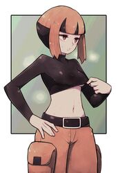 1girls belly belt black_hair black_shirt breasts brown_eyes clothed clothes clothing female female_only gardenia_(pokemon) grey_background gym_leader half-closed_eyes hand_on_hips heavy_breathing human human_only lamb-oic029 looking_away midriff navel nintendo orange_hair pants pokemon pokemon_dppt shirt shirt_lift short_hair skin_tight small_breasts solo source_request sweat underboob white_border