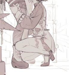 2girls against_wall belle_(delicate_sunlight)_(zenless_zone_zero) belle_(zenless_zone_zero) clothed clothing cunnilingus fully_clothed hand_on_thigh hand_on_wall implied_cunnilingus implied_oral kneeling maiqo official_alternate_costume out_of_frame saliva saliva_drip sketch sloppy squatting tagme yixuan_(zenless_zone_zero) yuri zenless_zone_zero