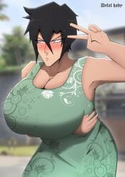 artist_name ass big_breasts black_hair blush blushing butt crossed_arms curvy defal_hady_(artist) duster duster_coat embarrassed embarrassed_female illia illia_(defal_hady) large_breasts long_shirt looking_at_another looking_away oc original original_character outdoors peace_sign purple_eyes short_hair sleeveless sleeveless_shirt tight_clothing tomboy v_sign watermark