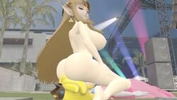 2girls 3d 3d_(artwork) alternate_angle ass back backboob barefoot big_ass big_breasts big_butt big_thighs blonde_hair breasts bubble_ass bubble_butt clothed_female company_connection crossover crown curvy cyan_eyes dat_ass dat_butt dress duo earrings elbow_gloves facesitting female female_only gladehope gloves half-closed_eyes light-skinned_female light_skin lips long_hair mario_(series) naked naked_female naked_female_clothed_female nintendo nipples nude_female nude_female_clothed_female outdoors pink_dress platinum_blonde_hair pointy_ears princess_peach princess_zelda round_ears the_legend_of_zelda thick thick_ass thick_butt thick_hips thick_thighs thighs tiara triforce_earrings white_gloves wide_hips zelda_(a_link_between_worlds)