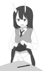 1girl absurdres aoki_ruri blush body_writing bright_pupils clothes_lift collared_shirt commentary_request cowboy_shot do_you_want_to_pet_my_cat_(meme) double-parted_bangs dress_shirt embarrassed greyscale hair_between_eyes highres horns lifting_own_clothes long_hair long_sleeves looking_at_viewer marker meme monochrome necktie open_mouth pleated_skirt pussy ruridragon shirt sidelocks simple_background skirt skirt_lift solo sweat sweater_vest table tuitou white_pupils
