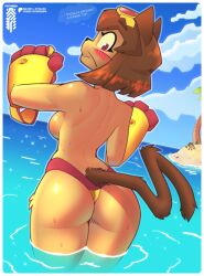 1boy 1girls 2026 2d 2d_(artwork) anthro artist_name ass back_view backboob beach blue_sky blush blush_lines breasts brown_body brown_hair brown_skin cat_ears cat_girl cat_humanoid cat_tail catgirl clothed clothing clouds color colored digital_drawing_(artwork) digital_media_(artwork) embarrassed embarrassed_female english_text feline feline_humanoid female female_focus gameoverse glitch_productions goggles goggles_on_head humanoid kaboodle_(gameoverse) kit_(gameoverse) looking_back male ocean palm_tree partially_clothed pentarch standing swimsuit swimwear text thighs thought_bubble wardrobe_malfunction wet_body