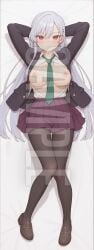 ai_generated tagme watermark hi_res highres high_resolution patreon sleeplessnighty 100_kanojo kimi_no_koto_ga_dai_dai_dai_dai_daisuki_na_100-nin_no_kanojo the_100_girlfriends_who_really_really_really_really_really_love_you eiai_nano silver_hair red_eyes 1girls blush expressionless solo solo_focus female lying lying_on_back full_body dakimakura breasts nipples panties clothing clothed