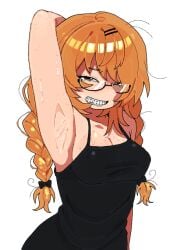 1girls armpit armpit_crease armpit_fetish armpit_focus armpits arms_up black_eyes braces braided_hair braided_twintails braids cleavage clothed clothing covered_breasts covered_navel covered_nipples digital_drawing_(artwork) female female_only freckles freckles_on_arms freckles_on_breasts freckles_on_face ginger glasses hair_ribbon hairclip kibyland long_hair messy_hair nerd nerdy_female orange_hair original sideboob simple_background smile smiling smug smug_grin solo steph_(kibyland) stephanie_finch sweat sweatdrop sweaty sweaty_armpits