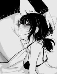 1boy andrew_graves anime_style ashley_graves blush bra breasts brother_and_sister choker cum deepthroat fellatio female from_side greyscale hair_between_eyes hand_on_another's_head highres incest long_sleeves male male_pubic_hair medium_breasts monochrome oral penis pink_eyes profile pubic_hair siblings simple_background solo_focus spot_color straight sweat tears the_coffin_of_andy_and_leyley underwear watasi_tokimi