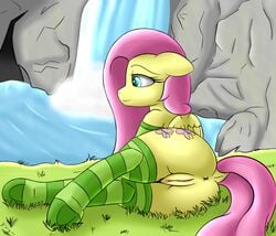 2015 anus ass clothing cutie_mark equine female fluttershy_(mlp) friendship_is_magic fur h3nger hair horse legwear long_hair mammal my_little_pony outside pegasus pink_hair pony pussy smile socks solo straight_hair wings yellow_fur