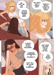 2girls bare_legs blonde_female blonde_hair brush cleavage_cutout cleavage_dress cleavage_window comic disguise ellie_(impunderneath) ellie_skinsuit ellie_skinsuit_seven empty_eyes english_text female female_skinsuit hollow_eyes impersonation imposter impunderneath inanimate_transformation long_hair original original_character page_43 possessed possession short_hair skinsuit skinsuit_transformation story suit_transformation transformation white_dress