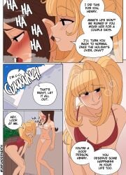 2girls bikini blonde_female blonde_hair brush cleavage_cutout cleavage_window comic disguise ellie_(impunderneath) ellie_skinsuit ellie_skinsuit_seven english_text female impersonation imposter impunderneath long_hair one_piece_swimsuit open_mouth original original_character page_35 possessed possession red_one-piece_swimsuit story swimsuit swimwear tongue_out white_bikini