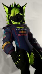 1boy 3d 3d_model anthro artist_request black_body black_fur black_hair character_request fangs femboy green_body green_fur green_hair leotard male meme_clothing pirelli racing_suit red_bull ryloth1138 shades solo source_request sunglasses two-tone_body two-tone_fur two-tone_hair