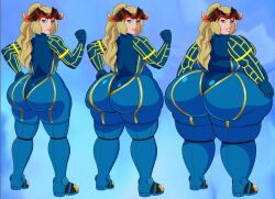 beltorchika12 bel_(beltorchika12) oc jijafat weight_gain sequence blonde_hair blonde_female female female_only female_focus solo blue_bodysuit bodysuit overweight overweight_female rear_view ass_expansion ass_focus ass_growth big_ass large_ass big_butt headpiece