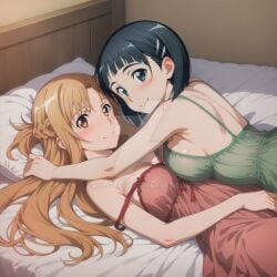 2girls ai_generated alternate_costume aqua_eyes asuna_(sao) back bangs bare_arms bare_back bare_shoulders bed big_breasts black_hair blunt_bangs blush bob_cut bopitphy braid breast_press breasts brown_eyes brown_hair cleavage closed_mouth couple dress duo female/female female_only friends green_dress green_nightgown hair_ornament hairclip indoors kirigaya_suguha light_brown_hair long_hair looking_at_viewer looking_back love lying lying_on_back lying_on_bed lying_on_person medium_breasts multiple_females multiple_girls mutual_yuri neck nightgown off_shoulder on_back on_bed pillow red_dress red_nightgown romantic romantic_couple short_hair sideboob smile straight_hair strap_slip sword_art_online yuri yuuki_asuna