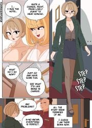 2girls black_stockings blonde_female blonde_hair cleavage_cutout cleavage_dress cleavage_window comic disguise ellie_(impunderneath) ellie_skinsuit ellie_skinsuit_seven english_text female glasses impersonation imposter impunderneath long_hair nude nude_female original original_character page_45 possessed possession short_hair stockings story white_dress