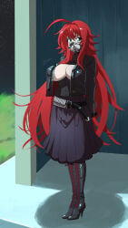 1girls apocalipsejack big_breasts bondage bondage_under_clothes bound cleavage collar exposed_breasts female female_only femsub hidden_bondage high_school_dxd leather_jacket mask rias_gremory stealth_bondage