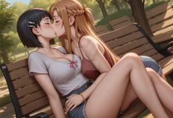 2girls ai_generated alternate_costume arm_at_side arm_support asuna_(sao) bangs bare_arms bare_legs bare_shoulders bench big_breasts black_hair blunt_bangs blush bob_cut bopitphy braid breast_press breasts brown_hair cleavage closed_eyes collarbone couple day duo dutch_angle female/female female_only friends hair_ornament hairclip hugging kirigaya_suguha kissing legs light_brown_hair long_hair love medium_breasts multiple_females multiple_girls mutual_yuri neck outdoors park park_bench romantic romantic_couple short_hair sidelocks sitting straight_hair sword_art_online thighs tree yuri yuuki_asuna