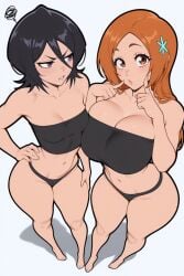 ai_generated big_ass big_breasts black_hair bleach female_only inoue_orihime kuchiki_rukia red_hair small_breasts thick_thighs