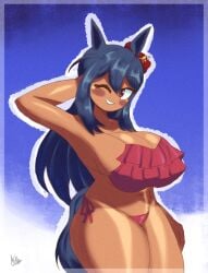 1girls animal_ears arm_behind_head bikini black_hair blue_background blush_stickers border bow breasts brown_eyes dark-skinned_female dark_skin frilled_bikini frills hair_bow hishi_amazon_(umamusume) horse_ears horse_girl horse_tail huge_breasts long_hair looking_to_the_side miks381 outline pussy red_bikini red_bow signature skindentation solo tail thick_thighs thighs umamusume white_outline