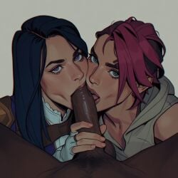 1boy 1boy2girls 2girls 2girls1boy ai_generated arcane arcane_caitlyn arcane_vi balls ballsack blowjob blue_eyes blue_hair caitlyn_(league_of_legends) caitlyn_kiramman clothed_female clothed_female_nude_male cooperative_fellatio dark-skinned_male falewii fellatio ffm_threesome hand_on_penis interracial interracial_fellatio large_penis league_of_legends male_pubic_hair one_hand_on_penis oral oral_sex pink_hair purple_eyes self_upload sucking sucking_penis vi_(league_of_legends)