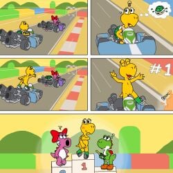 3girls anthro ass balls birdo covering embarrassed embarrassed_naked_female embarrassed_nude_female enf female furry koopa koopa_troopa mario_(series) naked nude penis pixelvibri pussy yoshi