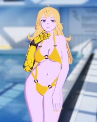 1girls 3d big_breasts bikini blonde_female blonde_hair busty cleavage half-closed_eyes half-dressed half_naked half_naked_female hi_res large_breasts legs long_hair long_hair_female looking_at_viewer navel pool purple_eyes robotic_arm rwby softserveneo solo_female thighs voluptuous water yang_xiao_long yellow_bikini