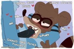 anthro avian balls bird blowjob blue_jay bodily_fluids canid cartoon_network corvid cum digital_media_(artwork) duo ejaculation english_text erection fellatio fur gay genital_fluids genitals hi_res jay_(bird) male male/male mammal mordecai_(regular_show) new_world_jay notsafeforwanking oral oral_penetration oscine passerine penetration penile penis procyonid raccoon regular_show rigby_(regular_show) sex simple_background text tongue