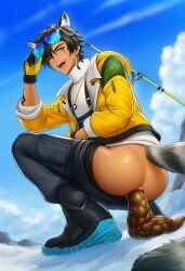 1boy adjusting_eyewear ai_generated alesh_(arknights:_endfield) animal_ears anus arknights:_endfield ass belt black_belt black_boots black_gloves black_hair black_pants blue-tinted_eyewear blue_sky boots cloud dark-skinned_male dark_skin day earrings eyewear_on_head fishing_rod from_behind from_below gloves green_eyes jacket jewelry long_shit looking_at_viewer male_focus necklace one_eye_closed open_clothes open_jacket open_mouth outdoors overalls pants pants_pull raccoon_boy raccoon_ears raccoon_tail scar scar_on_face scat shit shitting short_hair sky slav_squatting smile solo sunglasses sweater tail teeth thick_shit tinted_eyewear turd turd_hanging_out turtleneck turtleneck_sweater underwear_pull white_sweater winter_clothes yellow_eyes yellow_gloves yellow_jacket