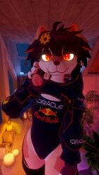 1boy 3d 3d_model :3 amber_eyes anthro artist_request brown_hair character_request earrings femboy flower flower_in_hair hair_ornament leotard looking_at_viewer male meme_clothing orange_body orange_eyes orange_fur pawpads phoebedapuppy puppy racing_suit red_bull red_eyes short_hair solo source_request sunflower sunflower_hair_ornament two-tone_body two-tone_fur