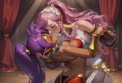 2girls ai_generated arabian_clothes arabian_female back bare_back bare_shoulders bikini bikini_top black_choker blush bopitphy bracer breast_press breasts choker cleavage closed_eyes couple crossover dancer dancer_outfit dark-skinned_female dark_skin duo earrings female/female female_only fire_emblem fire_emblem_awakening floating_hair gold_bracer gold_jewelry harem_outfit harem_pants high_ponytail holding_hands hoop_earrings indoors interracial interracial_couple interracial_yuri jewelry kissing leaning leaning_back leaning_forward long_hair love medium_breasts midriff multiple_females multiple_girls mutual_yuri neck nintendo olivia_(fire_emblem) pants pink_hair pointy_ears ponytail purple_hair red_bikini red_pants red_swimsuit revealing_clothes romantic romantic_couple shantae shantae_(character) stage stage_curtains stage_show standing strapless strapless_bikini strapless_swimsuit swimsuit symmetrical_docking tiara tied_hair very_long_hair white_outfit yuri