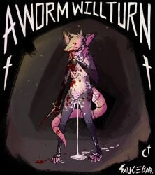 absurd_res after_fight after_rape after_sex american_opossum anthro bite_scar blood blood_covered blood_drip blood_in_hair blood_on_face blood_on_object blood_on_weapon bodily_fluids carmine_mcscarra cum cum_covered cum_from_vagina cum_in_vagina cum_inflation cum_inside cum_on_face cum_on_feet cum_on_leg cum_on_tail cum_pool cum_waterfall dagger dripping excessive_blood excessive_cum excessive_genital_fluids eye_trail feet female genital_fluids gore hi_res hole_in_ear inflation leaking_cum mammal marsupial melee_weapon messy nude poster_template red_eyes ring scar solo tail text waschbar weapon wiping_mouth