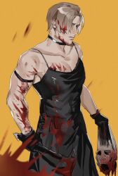 1boy axe black_gloves blonde_hair blood commentary_request crossdressing crossdressing_(mtf) dress ethane-e gloves highres holding leon_scott_kennedy male male_focus male_only muscular muscular_male pectorals resident_evil resident_evil_9:_requiem short_hair solo