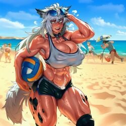 1girls 2d abs ai_generated animal_ears arknights armpit_hair armpits ball beach big_breasts big_thighs black_nails blue_sky breasts bulge choker cleavage cloud covered_nipples dark_skin day eyewear_on_head female female_focus female_pubic_hair footprints grey_eyes grey_hair hairy_armpits holding holding_ball horns huge_breasts knee_pads lappland_(arknights) large_breasts large_nipples large_thighs long_hair looking_at_viewer multiple_boys multiple_girls muscles muscular muscular_female navel navel_hair nipple_bulge nipples nipples_visible_through_clothing obliques ocean onilapper open_mouth oripathy_lesion_(arknights) outdoors pubic_hair pubic_hair_peek puffy_nipples sand scar scar_across_eye sharp_teeth shorts sky smile solo_focus sunglasses sweat sweatdrop tail teeth thick_thighs thighs umbrella volleyball water wolf_ears wolf_girl wolf_tail