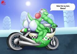 anthro ass balls big_butt bonyrabbit_(artist) bubble_butt dialogue digital_media_(artwork) english_text genitals green_yoshi hi_res huge_butt male mario_bros motorcycle nintendo nude shell smile solo speech_bubble taunting text vehicle yoshi yoshi_(character)