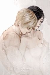 1boy 1girls 2d 2d_(artwork) ada_wong ada_wong_(adriana) black_hair blonde_hair breasts capcom closed_eyes collarbone completely_nude couple couple_(romantic) dated drawing duo erotic female groping hug hug_from_behind hugging human human_on_human human_only intimate kissing kissing_neck leon_scott_kennedy love male male/female medium_breasts nude pixie_cut resident_evil romantic romantic_couple sensual shared_bathing short_hair shower showering signature straight toned toned_male upper_body wet