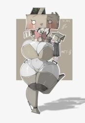 big_ass big_breasts mechanical_arm original_character playful_expression robot robot_girl screen_head tb_land thigh_high_socks
