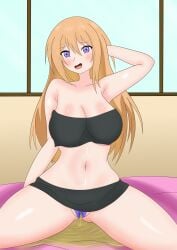 1girls bare_shoulders black_skirt blonde_hair blush cleavage female intentional_pants_wetting izu95 large_breasts long_hair miniskirt navel omorashi original original_character panties pee_puddle peeing peeing_panties peeing_self peeing_through_panties puddle purple_eyes purple_panties skirt skirt_lift solo spread_legs stained_panties strapless thick_thighs thighs underwear wetting wetting_self
