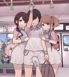 1boy 3girls backpack black_hair black_hair_male femdom footjob footjob_with_footwear footjob_with_one_foot footjob_with_shoes kikiu_bd leaking_cum leaking_precum looking_at_viewer nipple_play one_arm_up open_mouth pov pov_female shoes side_ponytail teasing train vibrator white_shoes