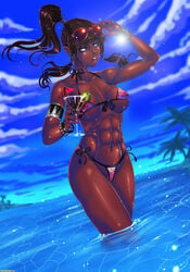 1girls abs armband avatar_legends bikini black blue_eyes bracelet breasts brown_hair cleavage cocktail dark-skinned_female dark_skin ear_piercing earrings eyeshadow female female_only glasses hourglass_figure human korra large_breasts lip_piercing martini mascara muscular muscular_female navel navel_piercing nipple_piercing nose_piercing open_mouth partially_submerged piercing ponytail rings shadman smile solo standing straight_hair sunglasses swimsuit tattoo the_avatar the_legend_of_korra tied_hair tongue tongue_piercing water water_tribe