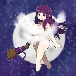 blush convenient_censoring curvy cute fern_(sousou_no_frieren) flying frieren_beyond_journey's_end huge_breasts mage moon owlyn purple_eyes purple_hair tagme thicc