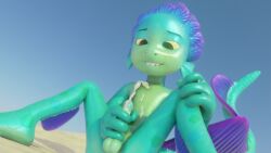 1male 3d apis beach biting_lip blue_skin cum disney fuckboy gay jerking legs_apart luca_(pixar_film) luca_paguro masturbation penis pixar smaller_male smirking solo spread_legs stroking_penis