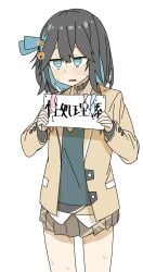 1girl black_collar black_hair blue_bow blue_eyes blue_hair blue_sweater blush bow brown_jacket brown_skirt collar collared_shirt colored_inner_hair commentary_request condom cowboy_shot crossed_bangs double-parted_bangs embarrassed empty_eyes full-face_blush hair_between_eyes hair_bow hair_ornament hairpin highres holding holding_sign jacket long_sleeves looking_at_viewer medium_hair miniskirt miyamai_moca multicolored_hair open_clothes open_jacket open_mouth peanut_mouth pleated_skirt pussy_juice shirt sidelocks sign simple_background skirt solo standing streaked_hair sweat sweater thighs tuitou used_condom v-neck voiceroid white_background white_shirt