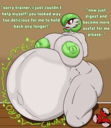 1girls ambiguous_prey belly belly_bulge betrayal big_belly big_belly_bulge big_breasts breasts digestion female female_pred gardevoir generation_3_pokemon green_hair green_hair_female huge_belly huge_belly_bulge human_prey hyper_belly kanba large_boobs large_breasts naked naked_female nintendo nude nude_female nudity obese obese_female oral_vore overweight pokeball pokeballs pokemon pokemon_(species) pokemon_pred red_eyes red_eyes_female same_size_vore soft_vore talking_to_prey thick_thighs thighs vore vore_belly