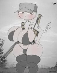 big_ass big_breasts breasts busty busty_boy busty_male male_(lore) mechanical_arm original_character playful_expression robot robot_boy screen_head tb_land thigh_high_socks