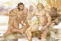 2boys abs beard biceps big_areola black_hair blonde_hair breasts broad_shoulders bulge bulge_through_clothing chest_hair collarbone cup daddy dark_skin dilf edited eight_pack elf elf_ears full_body fundoshi fundoshi_only gay hi_res holding_object hot_spring hunk leg_hair legs_apart legs_in_water long_ears long_hair male male_only manly mature_male muscles muscular muscular_arms muscular_legs muscular_male muscular_thighs navel onsen original original_character outdoors pecs pointy_ears quadriceps rokushaku_fundoshi scar scar_on_chest sideburns sitting six_pack slim_waist snow steam talking tattoo tattooed_arm topless tough_guy white_fundoshi winter yaoi yoshiyuki